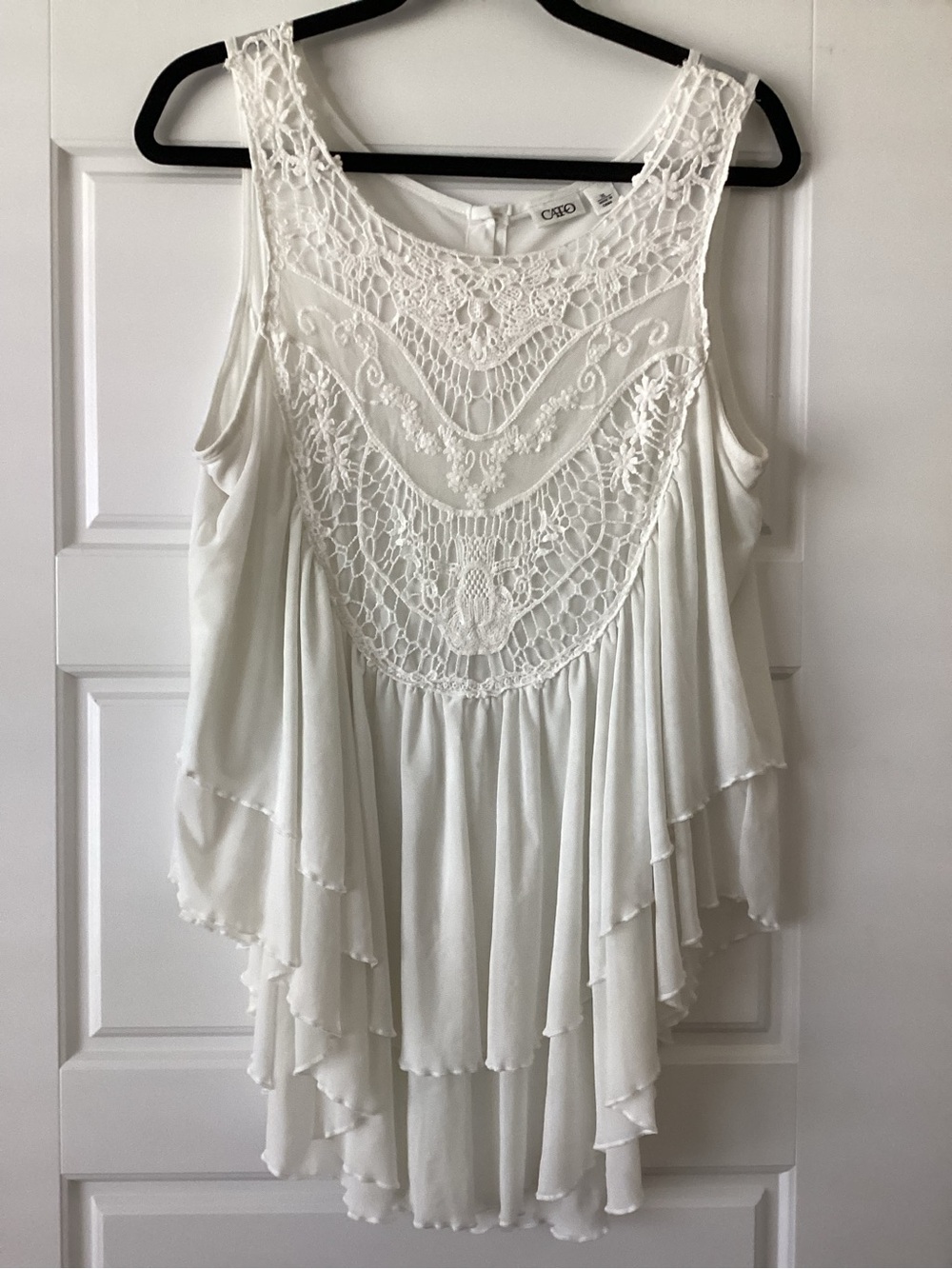 Cato White Crochet-Front Layered Sleeveless Blouse
